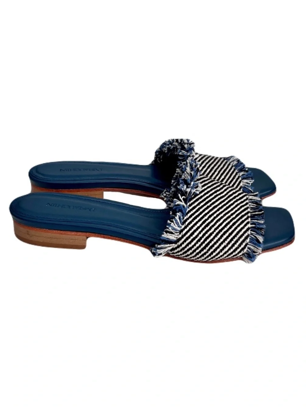J. McLaughlin Navy Blue ‘Lile’ Raw Edge Denim Sandals, Size 6